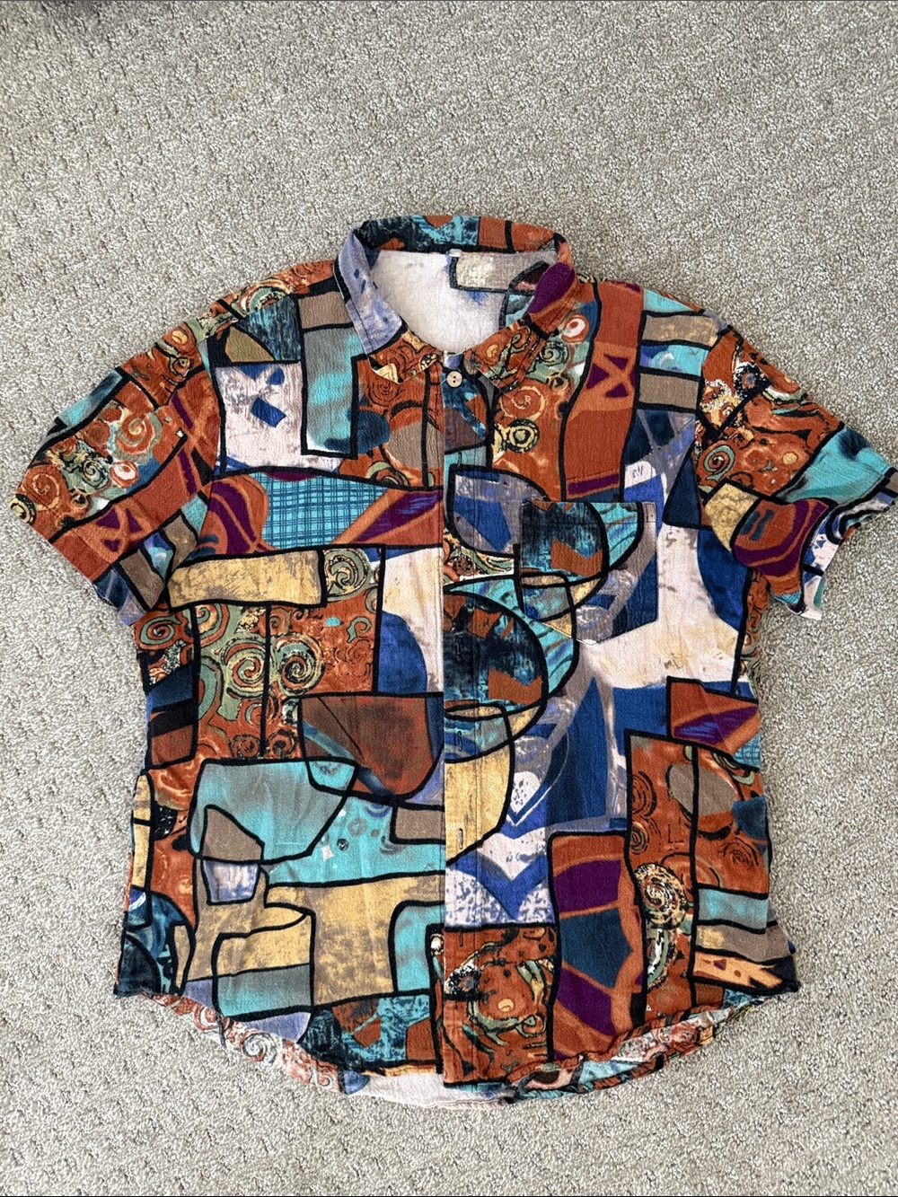 Casual Multicolor Abstract Short-Sleeve Button-Down Shirt